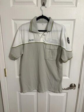 UAW Jeep Polo Shirt Men's M Made in USA Gray Green Colorblock Short Sleeve